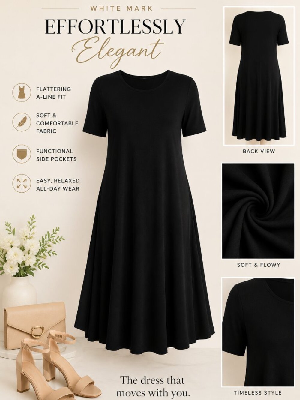 White Mark Plus Size Short Sleeve Pocket Swing MIDI Dress - Black - 1X